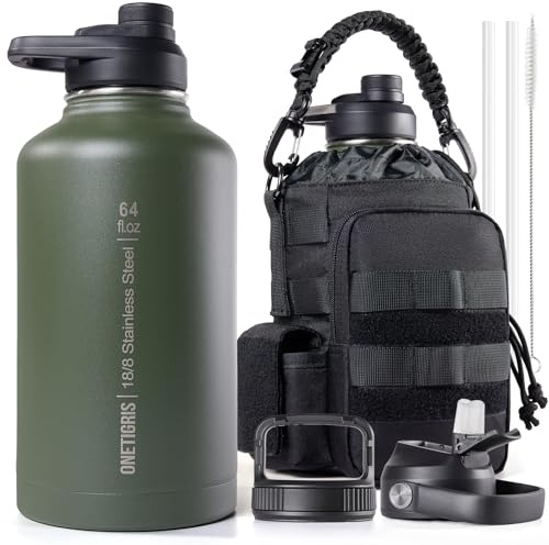 OneTigris Edelstahl Trinkflasche, Wasserflasche 1,9L Hohe Kapazität, Sportflasche mit gute Isolationswirkung für Fahrrad, Camping, Yoga, Gym, Softair, OD Grün, 64OZ