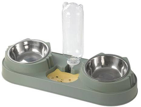 Cat Food Bowl, Triple Cat Bowl, 15°Tilted Raised Cat Bowl, Pets Water and Food Bowl Set with Automatic Water Bottle, Wet and Dry Food Bowl for Cat (green)
