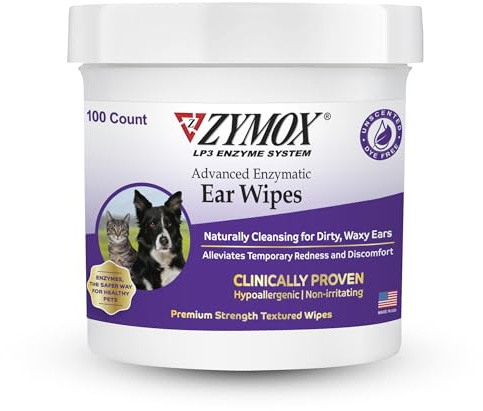 Zymox Advanced Enzymatic Ear Wipes for Dogs and Cats - for Dirty, Waxy, Smelly Ears - Premium Strength Ear Cleaner Wipes - Non-Irritating - Hypoallergenic - 100 ct