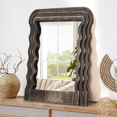 Lzuso Wood Frame Hanging Mirror Irregular Wavy Makeup Mirrors for Wall Unique Shape Modern Decorative Artistic for Vanity Entryway Bedroom Living Room Bathroom Farmhouse Rustic Black
