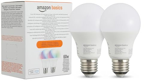 Amazon Basics Lampadina LED intelligente, multicolore, con attacco E27, 8W (equivalente a 60W), compatibile solo con Alexa, 2 confezione