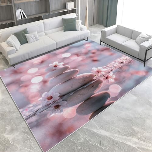 Tappeto Salotto 160 x 230cm Pietra artistica con fiori di pesco rosa Tappeti Camera da Letto, Rug Cucina Antiscivolo Lavabile per Tavolino da Salotto, Bagno, Tappeto Bambini Cameretta