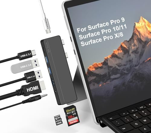 Surface Pro 8/9/10/11/X Docking Station Hub - Surface Pro 9 Adapter mit 4K HDMI, Thunderbolt 4 (8K@30Hz Video+40G Daten+100W PD), 2*USB 3.0, SD/TF Kartenleser, 3,5mm-Audio Surface Pro 9 Zubehör
