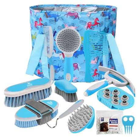 Harrison Howard Set per la cura dei cavalli, 11 pezzi, set di spazzole per cavalli, con organizer, borsa per il trasporto, accessori per la perdita dei capelli, cura del corpo, strumenti massaggianti,