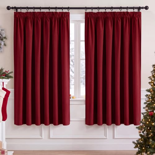 PONY DANCE Blackout Pencil Pleat Curtains, Red, W90 x L72 Inch, 2 Panels | Thermal Insulated Curtains with Noise Reducing & Privacy, Luxury Soft Window Treatment for Bedroom & Living Room
