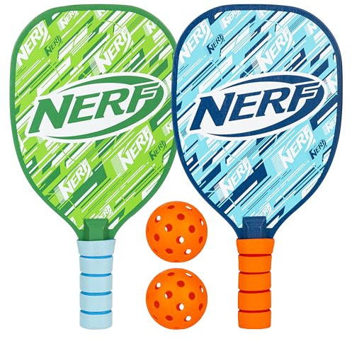 NERF 2 Player Pickleball Paddle Set - Youth Pickleball Equipment Set - (2) Wooden Paddles with Foam Grips + (2) Outdoor Balls for Kids - Carry Bag Included