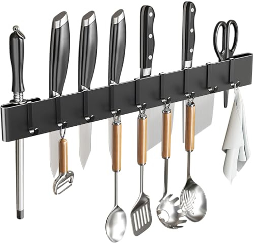 GHKLNY Knife Holder for Wall Mount-Knife Strips with Hooks Stainless Steel Wall Knife Rack-Knife Block-Knife Rack-Utensil Hanger-Kitchen Utensil Holder (Black, 50 CM+9 Hooks)