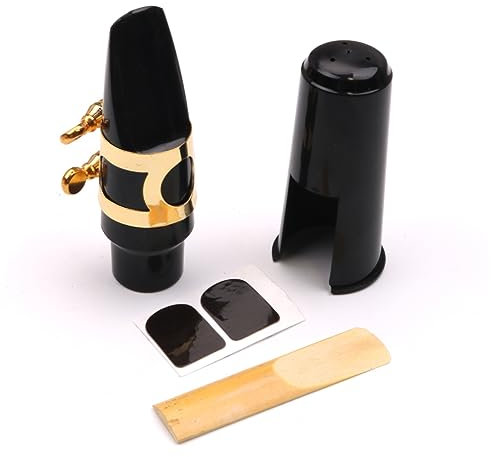 SHOWERORO Saxophon Mundstück Für Altsaxophon Mit Kunststoffreinigungsteil Und Metallschnalle Für Rohrblattbefestigung Inklusive Polster Und Patches Für Bessere Spielfähigkeiten Und Klangqual