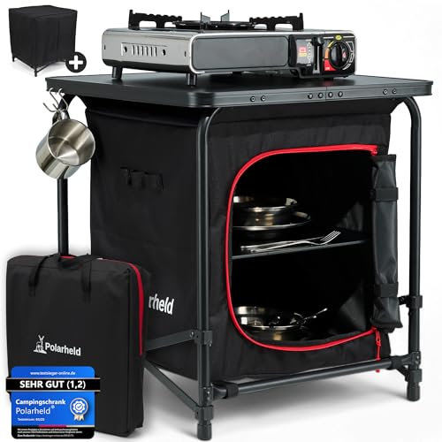 Polarheld Camping 2in1 Campingschrank & Campingtisch faltbar - inkl. Tragetasche, Abdeckhaube & 3 Haken - Robuste Campingküche & Campingmöbel für Outdoor-Abenteuer, Wohnwagen & Zelt