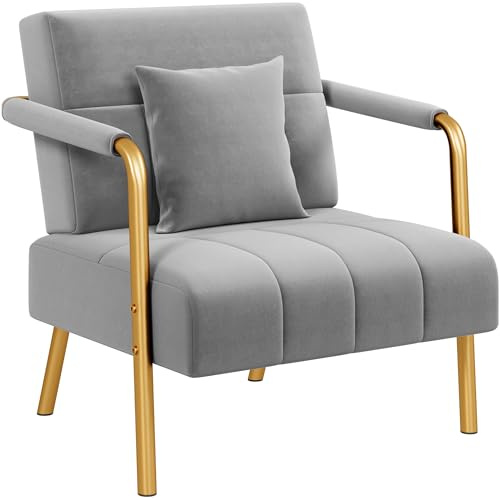 Yaheetech 1 Seater Modern Sofa Velvet Accent Armchair with Gold-tone Metal Arms and Legs for Bedroom, Home Office, Studio, Living Room Furniture Light Gray