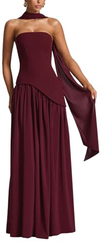 ORANDESIGNE Vestido Largo Verano Mujer Vestido sin Mangas Novia Boda Invitada Vestidos de Fiesta Elegantes con Abertura y Bufanda A Borgoña S