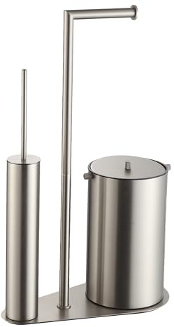 DAZI Portar carta igienica con scopino WC e pattumiera, Set 3-in-1 in acciaio inox nichel spazzolato, 2 testine di ricambio Silicone e PP, portarotolo e scopino ideale per Casa e WC degli Ospiti.