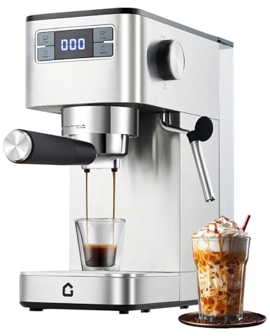 GarveeTech Machine à café, porte-filtre 20 bars avec mousseur à lait pour expresso, cappuccino et latte - machine à expresso compacte avec thermobloc, fonction eau chaude et indicateur de détartrage
