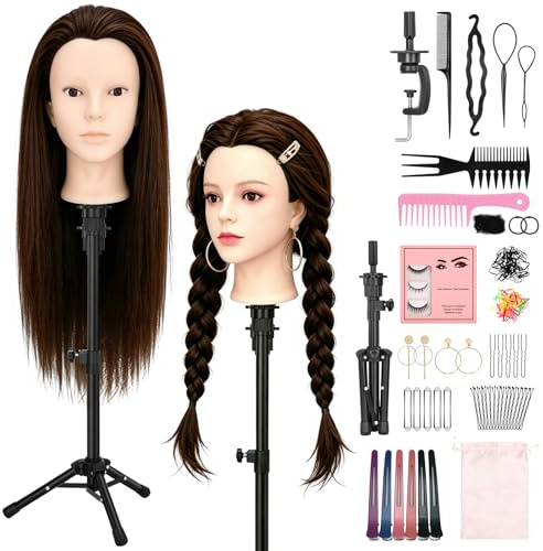 Yofuly 61 cm (24 tum) toaletthuvud med stativ, 80 % äkta hår övningshuvud dockhuvud med öronhål, make-up styling träningshuvud med bordsklämma + ögonfransar + gör-det-själv-flätset (brun)
