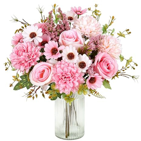 Bouquet fiori artificiali rosa 4 pezzi con rose dalie e margherite