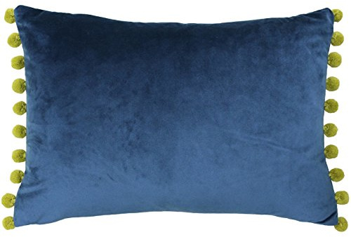 Paoletti Riva Fiesta Rectangular Cojín - Indigo Blue - Olive Yellow Pompom Bordes - Faux Velvet - Reversible - Cierre De Cremallera - 100% Polyester - 35 X 50Cm (14 X 20 Pulgadas)
