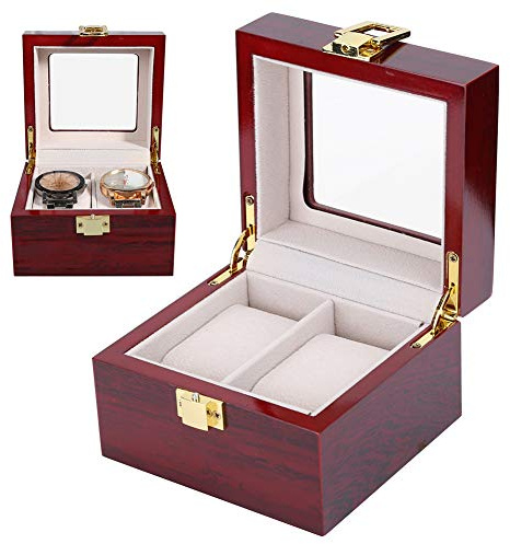 Caja de madera para 2 relojes, vitrina con cojines extraíbles y tapa de vidrio transparente, almacenamiento elegante y organizado para regalos