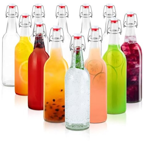 Barcaloo 16 Ounce Clear Glass Beer Bottles for Home Brewing - Beer, Kombucha, Soda, Juice, Fermentation, 12 Pack Glass Bottle with Flip Top Cap