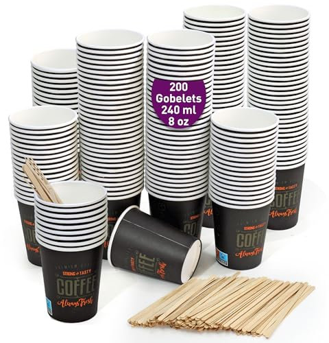 GoBeTree 200 Vasos Desechables de Cartón Para Café Express de 240 ml Con Agitadores de Madera. Tazas Para Llevar
