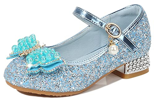 YOSICIL Principessa Scarpe con Tacco da Bambine e Ragazze con Fiocchi Scarpe da Principessa con Paillettes Ragazza Ballerine Glitterate Scarpe Eleganti Partito e Carnevale,Blu,29