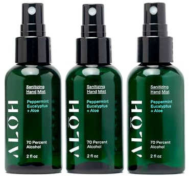 ALŌH Sanitizing Hand Mist 3-pack | Peppermint Eucalyptus + Aloe | 70% Alcohol Hydrating Hand Sanitizer Spray with Essential Oil, for Kids & Adults | 2oz Travel Size Bottle (Set of 3)
