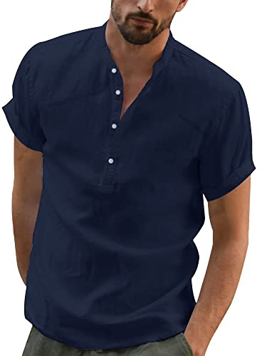 YAOBAOLE Chemise Homme Lin Chemises Col Mao pour Hommes Grande Taille Chemisette Leger pour Hommes Été Casual T Shirt Vetement Homme Bleu Marine 3XL