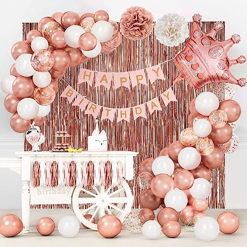 Rose Gold Birthday Decorations, Happy Birthday Banner, Confetti Balloons, Curtain Foil Background, Tassel Garland, Paper Pompom, for Girls Women Party Decoration
