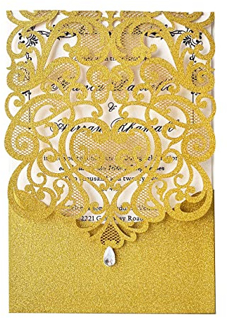 Hosmsua 20 Biglietti d'invito Oro per Matrimonio con buste, inviti di nozze Taglio Laser Pizzo con Diamanti Inviti per Fidanzamento, Compleanno, Invito di Nozze (20 pezzi)