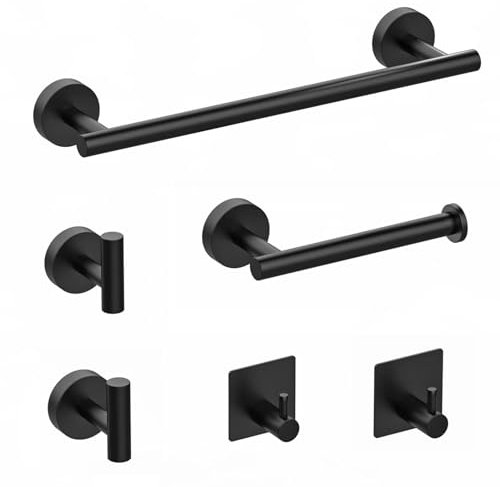 Towel Rail Bathroom Hardware Set 6-Piece, Black Bathroom Accessories Set 40CM Towel Rail, Toilet Paper Holder, 2 Wall Hooks, 2 Robe Hooks 304 Stainless Steel Screw-Fixed Wall Mounted