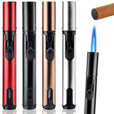 Accendino, 4 Pezzi Accendigas a Gas Butano Ricaricabile, Accendigas Antivento, Accendino Lungo Regolabile per Candele Leggere Stufe a Gas, Barbecue, Campeggio, Regalo per Uomo (Venduto senza Gas)