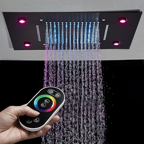 JUNSHENG Soffione Doccia a Pioggia, Soffione Doccia Fisso Impermeabile a Scala ad Alta Pressione, Soffione Doccia in Acciaio Inox 304, Soffione Doccia a Pioggia con LED (Jet Black)