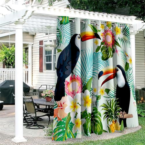 Hiseng Outdoor Vorhang Wetterfest mit Ösen 1 Stück Tropenpflanzen Balkon Outdoorvorhänge Wasserdicht Blickdicht Vorhang Outdoor Sichtschutz Vorhänge für Garten Terrasse (132x137cm,Blau Tukan)