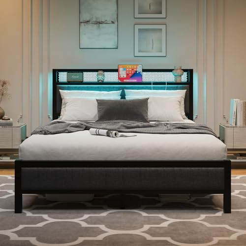 MOFLUT 5ft King Size Bed Frame with Storage Headboard Shelf,USB&LED Lights | Upholstered king size storage bed frame,Wooden Shelf, Heavy Duty Metal Slats,No Box Spring, Easy Assembly, Gray, for Bedroom