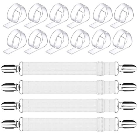 APMGONT 16 Pcs Plastic Table Cloth Clips, Transparent Picnic Tablecloth Clips with 4 Pcs Hidden Strap Bed Sheet Clips Table Cover Clamps Tablecloth Clips for Home Wedding Party Camping (White)