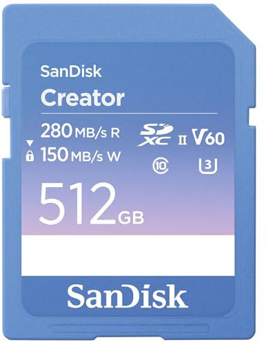 SanDisk Creator Tarjeta SD UHS-II 512 GB (para DSLR y Mirrorless-Cámaras, 6K Video, V60, UHS-II, Velocidades hasta 280 MB/s, RescuePRO Deluxe, Un mes a Adobe Creative Cloud)