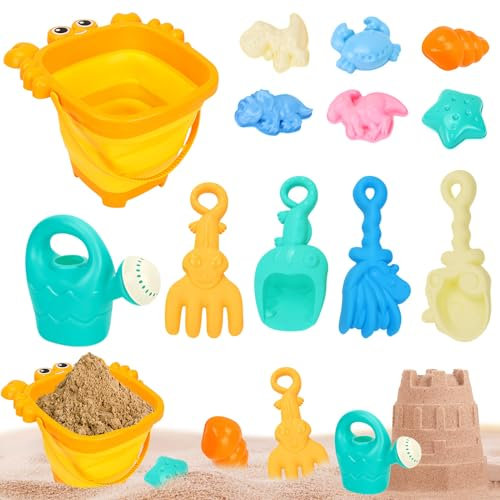 Skeadex Sandspielzeug Set,18 Stück Sandkasten Spielzeug mit Faltbarer Eimer,Strandspielzeug Kinder Sandförmchen Sandschaufel,Reise Sandkastenspielzeug Outdoor Spielzeug für Kinder ab 3 Jahr (A)