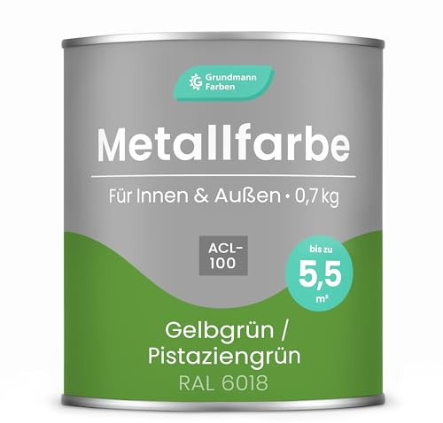 Grundmann Metallfarbe ACL 100 - Grün 0,7 Kg - Seidenmatt - 4in1 Metallschutzlack inkl. Rostschutz und Grundierung - RAL 6018 Gelbgrün/Pistaziengrün