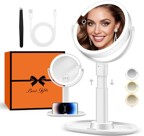 B Beauty Planet Beleuchteter Makeup Spiegel 30X Vergrößerungsspiegel mit 3 Farblicht, dimmbare LED & höhenverstellbar - Kosmetikspiegel 2-seitig für Badezimmer - Geschenk für Frauen Weiß