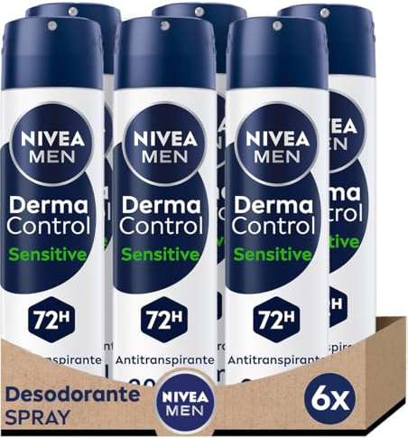 NIVEA Derma Control Sensitive - Desodorante Antitranspirante para Hombre - 72h Protección contra el Sudor - Ácido Hialurónico y Vitamina E - No Irrita las Axilas - Pieles Sensibles - Spray 6 x 200 ml