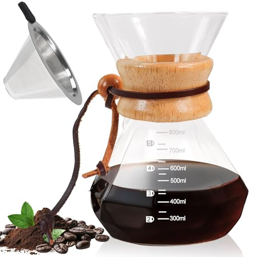 DITOSH Pour Over Coffee Maker 800ml 27.1oz Glass Drip Coffee Maker with 304 Stainless Steel Filter High Borosilicate Glass Duckbill Spout Solid Wood Handle Pour Over Coffee Dripper for Daily Brewing