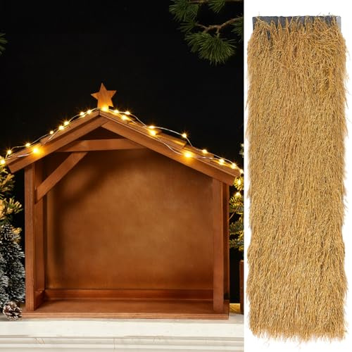 Lineshading 2 Pcs Large Christmas Wooden Nativity Manger with Thatch Grass 17.3 X 15.7 X 5.9'' Wooden Manger and Roof Decor for Holy Family Nativity Table Centerpieces Home Desk Decor