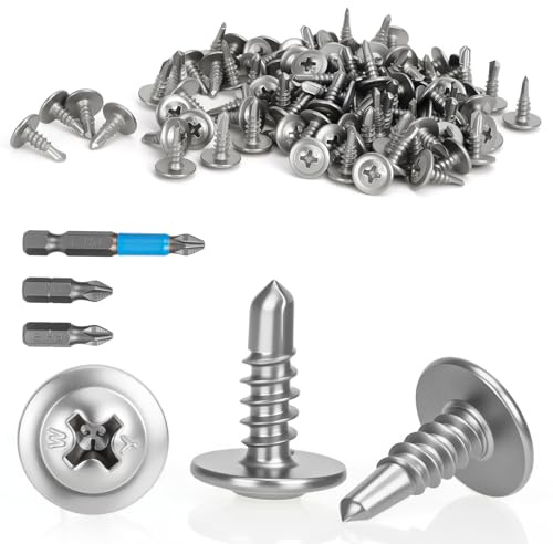 FICOFISE 100Pcs Self Tapping Screws Metal | 410 Stainless Steel Self Drilling Screws (ST4.2x13mm) for Metal Roofing Sheets, Plastic Sheet, Machine Wood | with PH2 Screwdriver Bit
