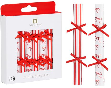 Talking Tables 8 x Mini Saucer Christmas Crackers Candy Cane Red & White Jokes, Charades & Conversation Starters Party Xmas Crackers for Christmas Table Decorations 13cm PLASTIC FREE