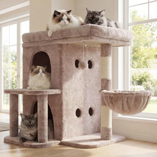 Heybly Árbol para Gatos, 65 cm de Altura, con una Plataforma Superior Extragrande, Cesta para Gatos de Dos Pisos, Rascador de Sisal, Cesta y Juguetes para Gatos, Beige Marrón HCT204SMU