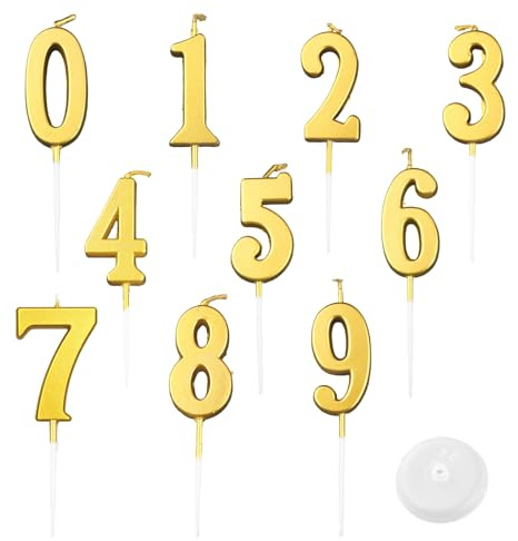 Velas Cumpleaños Números - 10 Pcs Decoración Pastel Número Velas Digitales del 0-9, Birthdays Number Candle, Ideales para Tartas de Cumpleaños, Fiestas (8 × 2.5 cm, Oro)