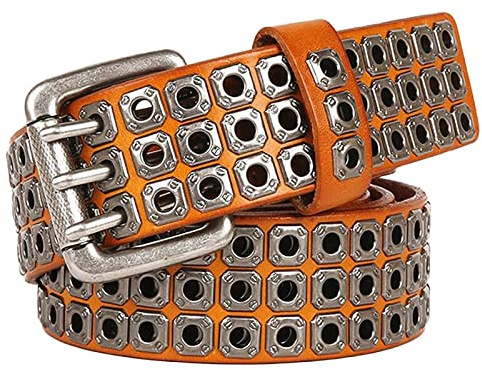 OBASDFD Cinturón de piel auténtica para hombre y mujer, estilo punk rock, vintage, con hebilla de 3 puntas, para motociclista, rockero, hip hop, jeans, vestidos, marrón, 120cm/40-42in