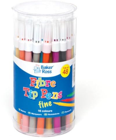 Baker Ross AF961 fiberpennor med fin spets, för barn att rita och måla, konst och hantverk (tub av 48), blandade