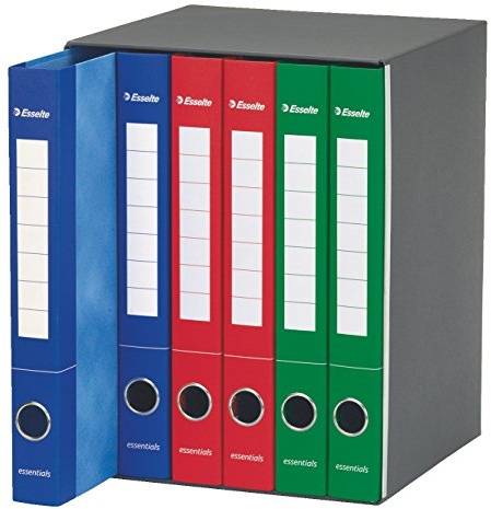 Esselte ESSENTIALS, 6 classeurs 2 anneaux ronds avec étiquette, ramasser des documents A4 avec rabat de fermeture supplémentaire, trou de préhension, 25 x 33 cm, dos 4 cm, assortiment bleu rouge vert