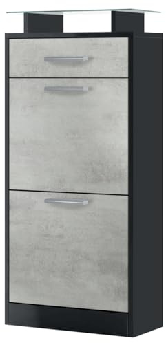 Vladon Zapatero Loret V2, Armario para Zapatos para 8 Pares de Zapatos con 2 Puertas abatibles, 1 Cajón y Estante de Cristal, Negro Mate/Hormigón Oxidado (46 x 104 x 23 cm)
