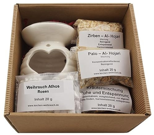 Geschenkset „Harmonie“ – 7-teilig – Kräutermischung & Weihrauch mit Zirbe und Palo Santo, Rosen-Weihrauch Athos – mit Räucherstövchen „Herz“ – Geschenk-/Aufbewahrungskarton